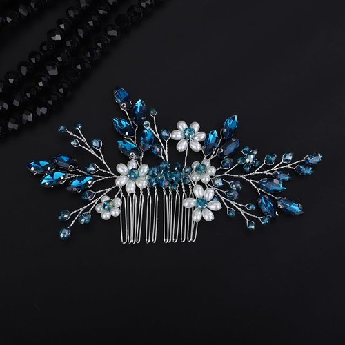 Teyglen Flower Pearl Bride Wedding Hair Comb Blue Crystal Hair Comb Bridal Hair Piece Decorative Hair Accessories for Bride Rhinestone Headpiece for Women Grils (Peacock blue)