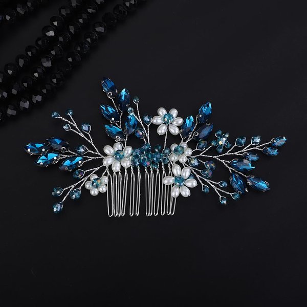 Teyglen Flower Pearl Bride Wedding Hair Comb Blue Crystal Hair Comb Bridal Hair Piece Decorative Hair Accessories for Bride Rhinestone Headpiece for Women Grils (Peacock blue)