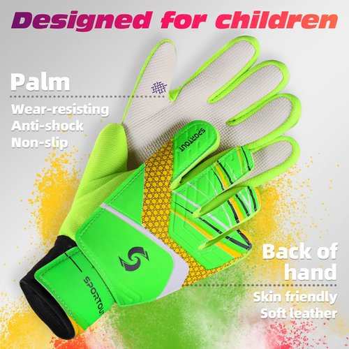 Sportout Kids Goalkeeper Gloves, Soccer Gloves with Double Wrist Protection and Non-Slip Wear Resistant Latex Material to Prevent Injuries (Green, Size 5 Suitable for 5 to 8 Years Old)