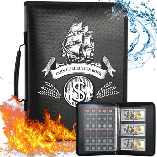 2 in 1 Coin Collection Book Holder for Collectors, Fireproof Coin Collection Supplies with 300 Pockets Coins Collecting Album & 36 Sleeves Paper Money Binder for Bill Quarters (BLACK-Sailboat)