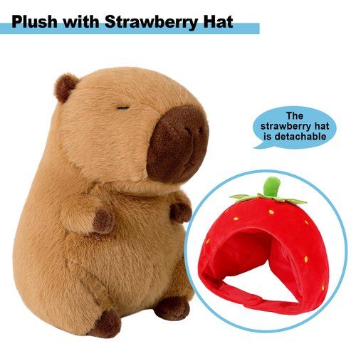 Ditucu Cute Capybara Plush Wear Strawberry Hat Soft Capibara Stuffed Animals Plushies Toys Hugging Gifts for Kids Brown 9 inch