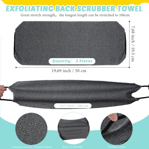 4 Pack Exfoliating Shower Bath Gloves Back Scrubber Set, 2 Exfoliating Body Scrubber Nylon Back Washer, 2 Pairs Scrub Gloves for Women Men Children Skin Stretchable Pull Strap Washcloth (Gray, Beige)
