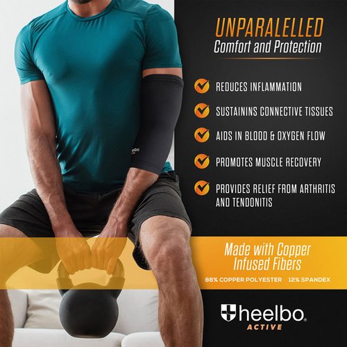 Heelbo Elbow Sleeve and Elbow Compression Sleeve with Copper Infused Fibers and Breathable Fabric for Tendonitis, Golfers Weight Lifting, Tennis Elbow or Arthritis for Men and Women, Black, Medium