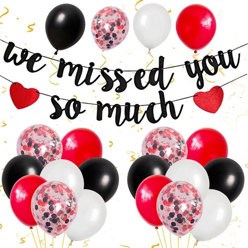 Welcome Home Decorations,Black Red We Missed You So Much Balloons Banners Set,Glitter Banner with Confetti Balloons,Pennant Flag Bunting for Home Family Baby Shower Welcome Back Party Supplies