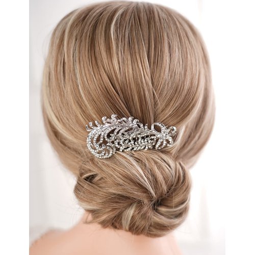 Missgrace Women Bridal Wedding Silver Rhinestones Simple Feather Side Hair Comb Special Occasion Headpiece Hair Accessories for Women (Silver 7)