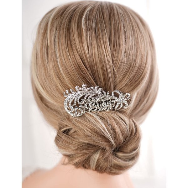 Missgrace Women Bridal Wedding Silver Rhinestones Simple Feather Side Hair Comb Special Occasion Headpiece Hair Accessories for Women (Silver 7)