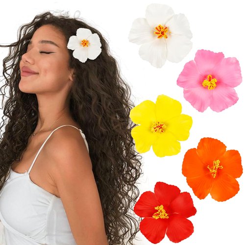 WOVOWOVO Flower Hair Clips for Women 5Pcs Hawaiian Flower Hair Clips 4” Hibiscus Hair Clip Artificial Flower Clips for Summer Vacation Party Beach Accessories
