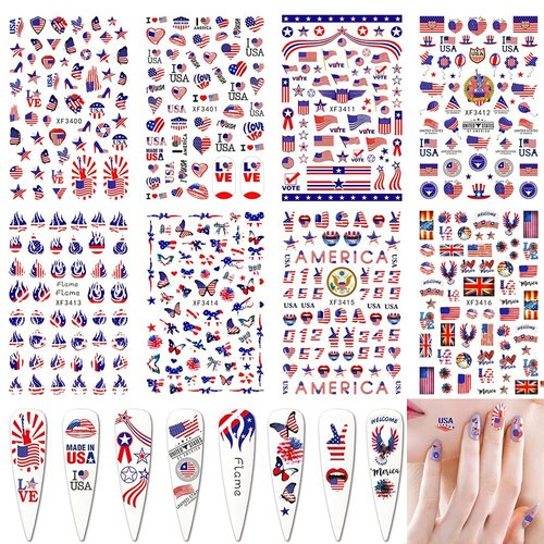 Flag Nail Stickers Independence Day Nail Sticker July 4, August 7 Patriotic Designer Nail Art Decals 3D Self-Adhesive American Flag Nail Stickers for Women Girls Manicure 400+ patterns