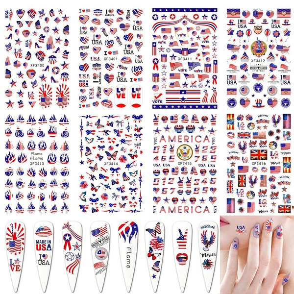 Flag Nail Stickers Independence Day Nail Sticker July 4, August 7 Patriotic Designer Nail Art Decals 3D Self-Adhesive American Flag Nail Stickers for Women Girls Manicure 400+ patterns