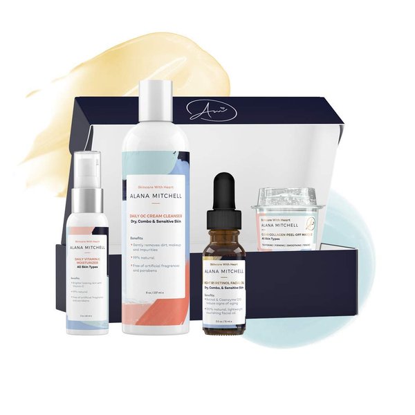 At Home Anti Aging Facial Set - 4 Piece Skincare Kit All Skin Types with Vitamin C Moisturizer, Retinol Oil, Cream Cleanser and Peel Off Face Mask - Younger Healthier Skin