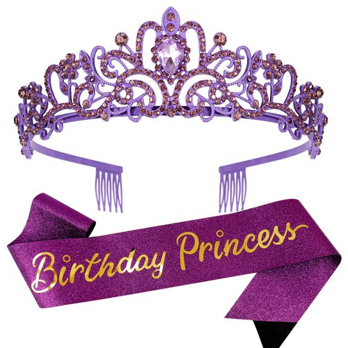 Velscrun Princess Crown, Tiaras for Girls, Violets Birthday Princess Sash for Girls, Birthday Girl Crown, Birthday Accessories for Girls, Princess Birthday Decorations Party Supplies