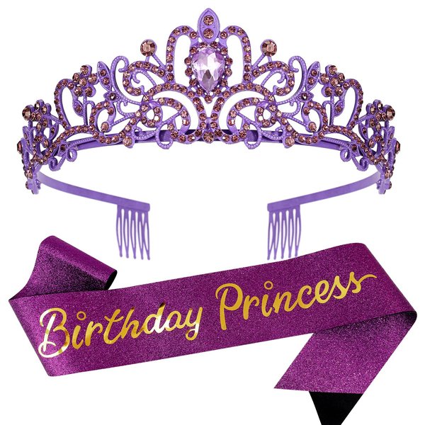Velscrun Princess Crown, Tiaras for Girls, Violets Birthday Princess Sash for Girls, Birthday Girl Crown, Birthday Accessories for Girls, Princess Birthday Decorations Party Supplies