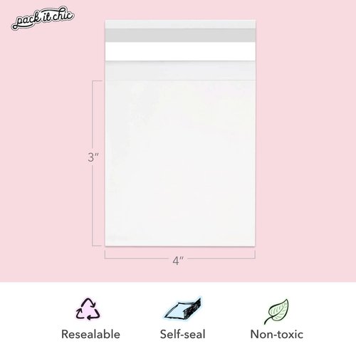 Pack It Chic - 3” X 4” (1000 Pack) Clear Resealable Cello Poly Bags for Jewelry, Cookies, Party Favors - Self Seal