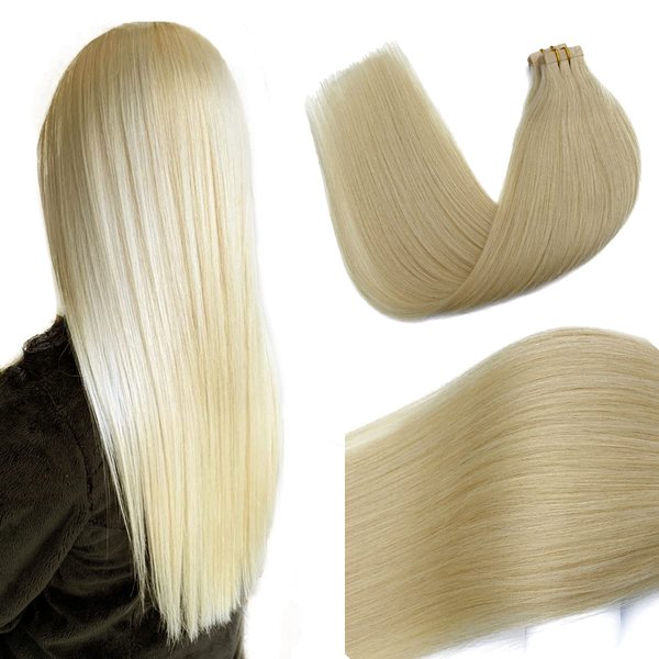 20 inch Tape in Hair Extensions 60 Platinum Blonde Human Remy Hair 20 pcs/50gram Seamless Skin Weft Silky Straight Tape in Real Hair Glue in Extensions