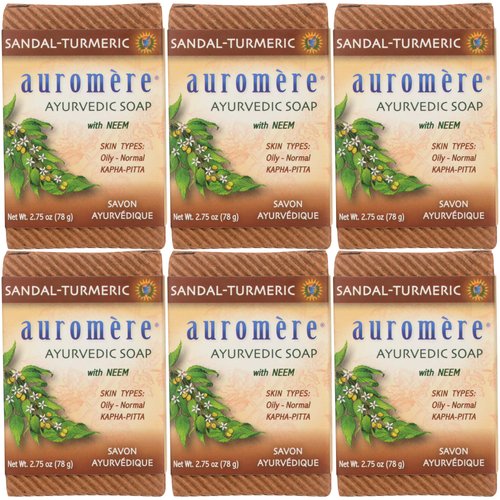 Auromere Ayurvedic Bar Soap, Sandal Turmeric - Eco Friendly, Handmade, Vegan, Cruelty Free, Natural, Non GMO (2.75 oz), 6 pack