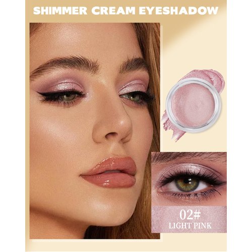 Shimmer Cream Eyeshadow, Ultra-Blendable Glitter Eye Shadow with Moisturizing Formula, Waterproof Long Lasting & Highly Pigmented, Single Creme Eyeshadow Highlighter Makeup for Women-02#Light Pink