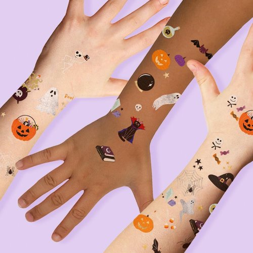 Flash Tattoos kids Halloween Fright Night temporary tattoos | 66 Spooky Kids Tattoos | Metallic tattoo | Halloween Party Supplies | Halloween party, Ghost, Spider, Skeleton, Pumpkin, Skull, Bat
