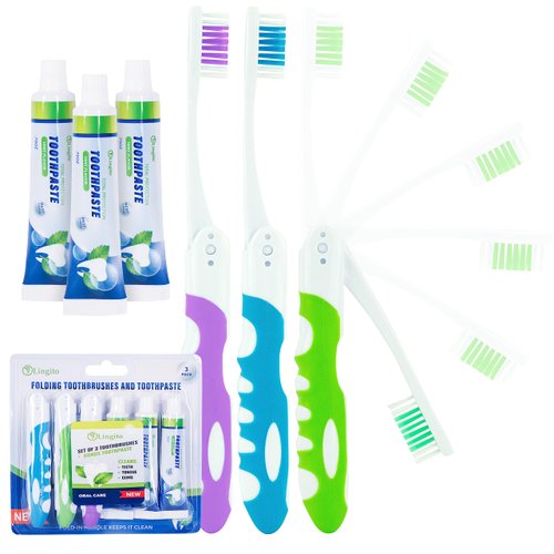 Travel Toothbrush with Toothpaste, Portable Toothbrushes Built in Cover, Travel Size For Hiking, Camping, Traveling, Folding Collapsible Travel Toothbrush Kit Adults (3 Pack with Toothpaste-Medium)