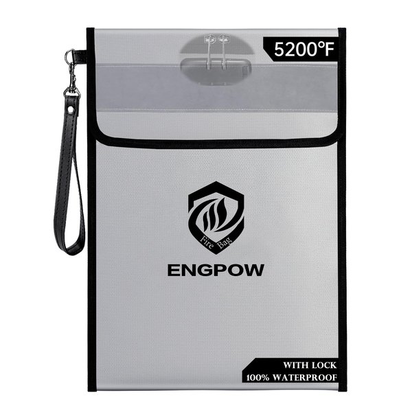 ENGPOW Fireproof Document Bag with Lock (5200℉),15”x 11”Waterproof and Fireproof Money Bag with Reflective Strip,Fireproof Safe Storage Pouch with Zipper for Valuables,Cash,A4 Legal Documents,File