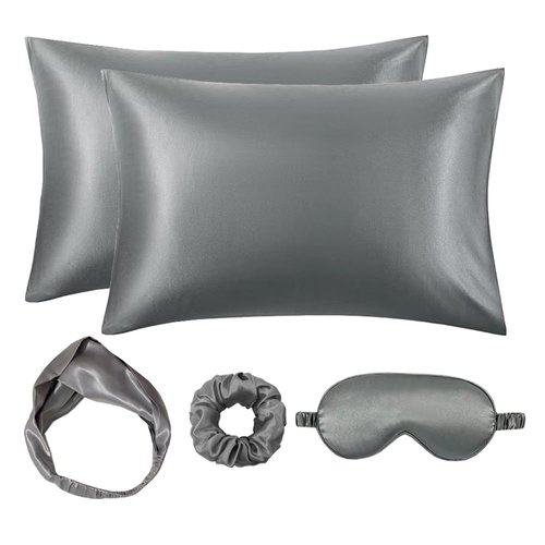 Sukalia Satin 5-Piece Gift Sleep Set Pillowcase Eye Mask Scrunchies Pillow Case Blindfold with Headband for Women (Gray)