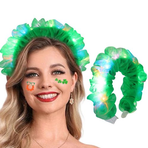 Fashey St Patricks Day Light Up Headband Green Glitter Headbands Led Irish Day Hair Band Festival Rave Hair Accessories for Women and Girls