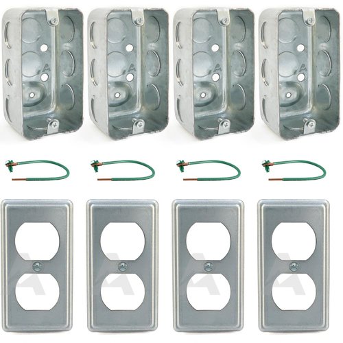 Pack of 4 Boxes and Covers: 4x2 Inch Utility Electrical Box, Outlet Box, Duplex Receptacle Cover, Drawn Construction, Ten 1/2 Inch Knockouts, Raised Ground, 1-7/8" Deep, 13 Cu. In. Capacity,