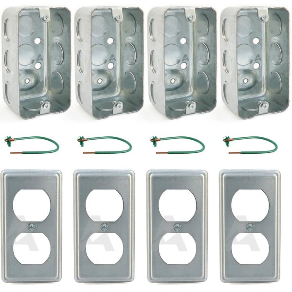 Pack of 4 Boxes and Covers: 4x2 Inch Utility Electrical Box, Outlet Box, Duplex Receptacle Cover, Drawn Construction, Ten 1/2 Inch Knockouts, Raised Ground, 1-7/8" Deep, 13 Cu. In. Capacity,