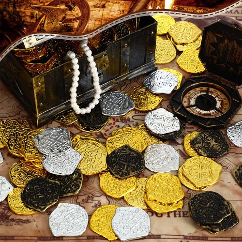 Charniol 300 Pcs Pirate Gold Coins Plastic Doubloon Bulk Kids Fake Play for Party Treasure Chest Games Tokens Toys Cosplay, Gold, Silver, Bronze (Irregular)