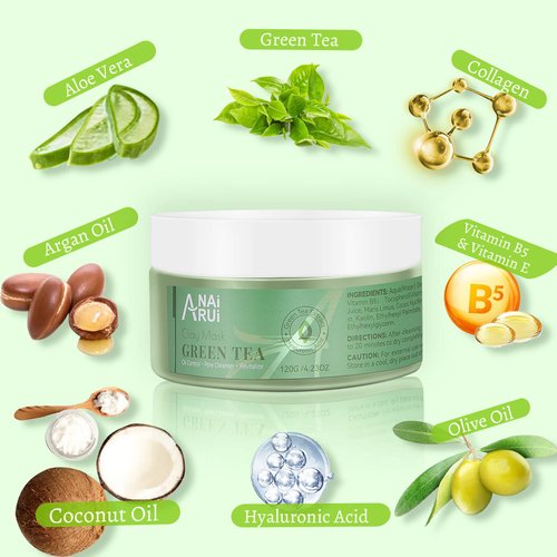 ANAI RUI Green Tea Mask, Clay Mask for Poreless Deep Cleanse, Green Tea Face Mask Blackhead Remover with Kaolin, Aloe, Collagen, Pore Minimizer, Hydrating, Moisturizing