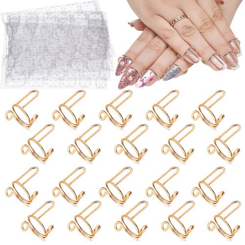 20PCS Wudu Nail Rings, EBANKU Adjustable Nail Rings Reusable Detachable Women Gift Ring Set with 96PCS Adhesive Nail Tabs for Acrylic Nail Art Decoration - Gold