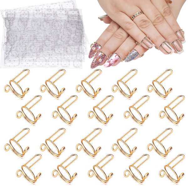 20PCS Wudu Nail Rings, EBANKU Adjustable Nail Rings Reusable Detachable Women Gift Ring Set with 96PCS Adhesive Nail Tabs for Acrylic Nail Art Decoration - Gold