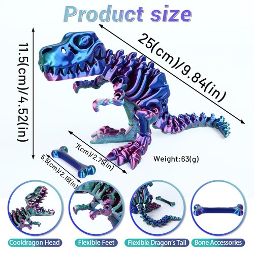 Varuotu 3D Printed Dinosaur Bones 3D Printed Animals Dino Full Articulated T-Rex Toys Home Office Decor Executive Desk Toys Gifts,Adults Fidget Toys for Autism/ADHD (Colors.C)