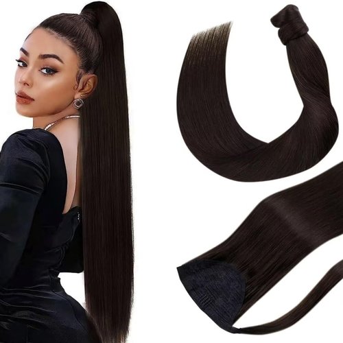 Hetto Ponytail Extensions Human Hair Darkest Brown Clip in Pony Tails Hair Extensions One Piece Wrap Around Ponytail Human Hair Darkest Brown #2 14 Inch 70g