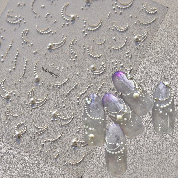 White French Tips Pearls Nail Art Stickers 5D Embossed Romantic Nail Stickers French Tips Line Nail Decals for Nail Art Design Nail Accessories for Women Girls Valentine's Day Nail Art Decoration