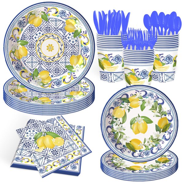 140Pcs Capri Lemon Party Decorations Lemon Paper Plates and Napkins Summer Fruit Theme Tableware Set Baby Shower Birthday Party Supplies,Serve for 20 Guest