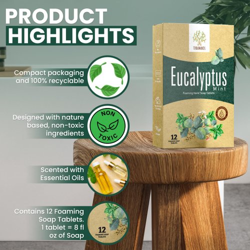 Terramandi Foaming Hand Soap Tablets 12 count Refill - Makes 96 fl oz of foaming hand soap (12x 8 fl oz bottles of soap) (Eucalyptus Mint)