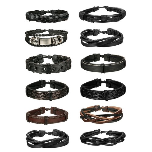 Jstyle 12Pcs Braided Leather Bracelet for Men Women Cuff Wrap Bracelet Wristbands Adjustable B
