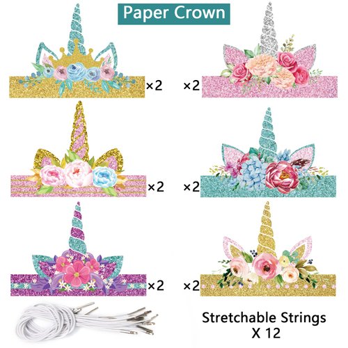 chiazllta 12 Pieces Unicorn Birthday Party Hats Unicorn Paper Party Crown Headbands for Girls, Gold Silver Horn Unicorn Theme Decorations Favor Supplies, 6 styles