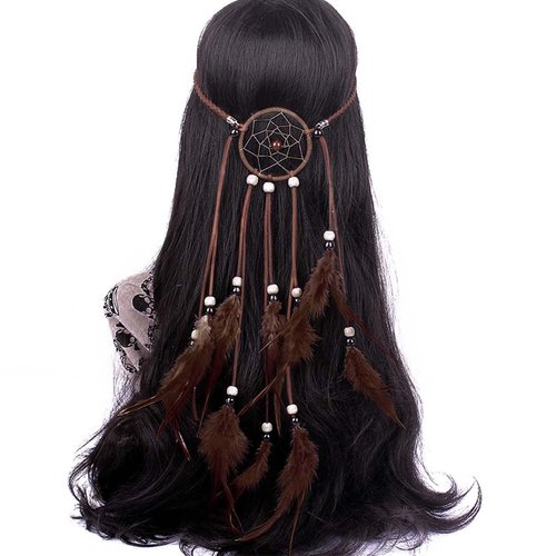 Outyua Turquoise Bohomian Long Feather Headpices Brown Feather Headdress Gypsy Native Peacock Adjustable Feather Headband Hair Jewelry for Women and Girls (Brown)