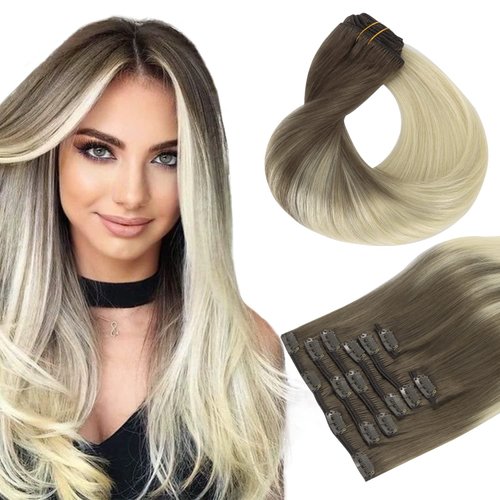 HOTBANANA Human Hair Clip in Hair Extensions, Ombre Sandy Brown to Platinum Blonde 120g Clip in Hair Extensions Real Human Hair Straight Remy Hair Clip in Hair Extensions 14 Inch 7pcs