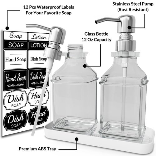 LMQML Soap Dispenser - 2 Pack, Antique Design Thick Glass Hand Soap Dispensers with Sturdy Tray; 304 Rust Proof Stainless Steel Silver Pump, 12Pcs Stickers, for Kitchen, Bathroom