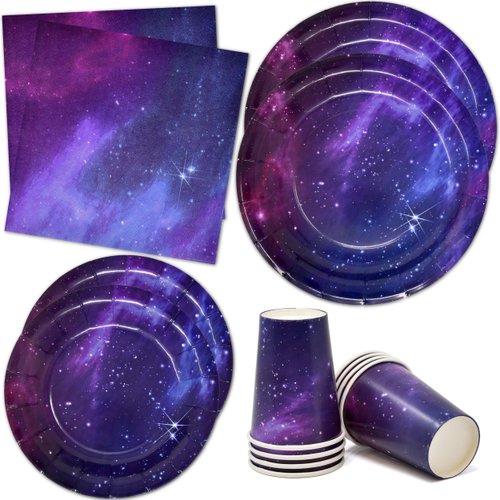 122 Pcs Galaxy Stars Universe Outer Space Party Supplies Set Paper Plates Cup Napkin for Solar System Planet Disposable Birthday Dinnerware Serves 24