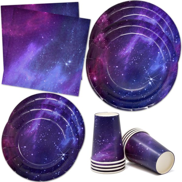 122 Pcs Galaxy Stars Universe Outer Space Party Supplies Set Paper Plates Cup Napkin for Solar System Planet Disposable Birthday Dinnerware Serves 24