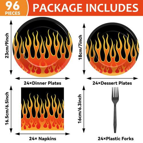 96Pcs Flame Racing Party Plates and Napkins for Fire Flame Birthday Party Supplies Motorcycle Themed Paper Dessert Plates Fire Heroes Tableware Set for Kids Boys 24 Guests Birthday Party Decorations