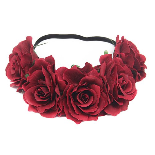 Lopsity Women's Rose Flower Crown Headband Polyester Material, Elastic Headband, Adjustable Size, for Wedding, Festival, Party, Photo Props (Red, 1 Count)