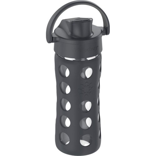 Lifefactory 12-Ounce Glass Water Bottle with Active Flip Cap and Protective Silicone Sleeve, Carbon