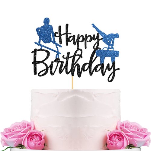 WeBenison Gymnastics Happy Birthday Cake Topper Gymnast Sport Party Cake Supplies, Flip and Twirl, Boy's Creative Converting Gymnastics Party Decorations Blue & Black