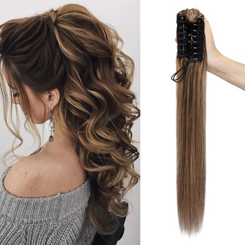TESSHAIR 16 Inch Claw Clip In Ponytail Extension Human Hair, Pony Tail Hair Extensions 100% Real ...