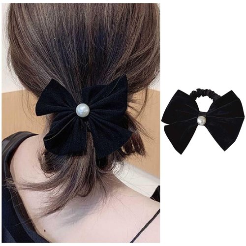 Iaceble French Pearl Bow Hair Rope Ties Pearl Ponytail Holder Hair Tie Black Bow Hair Scrunchies Elastic Bow Pearl Hair Rope Band Ribbon Bow Hair Rubber Band Decorative Hair Accessories (Velvet Bow)