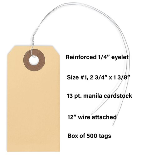 String Tags with Wire Attached- #1, 2 3/4” x 1 3/8”, Box of 500 Blank Shipping Tags with Wire and Reinforced Hole, Wired Labeling Tags